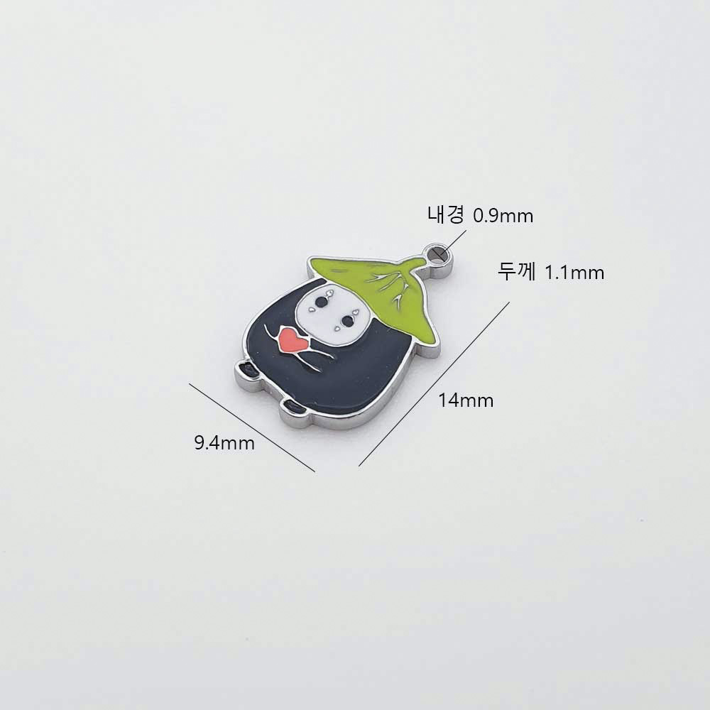 써지컬스틸 러블리 미니가오나시 펜던트 의 가로 9.4mm,세로14mm, 구멍내경0.9mm,두께1.1mm 입니다.