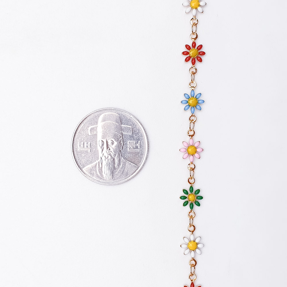 데이지 꽃 양면 메탈체인을 동전크기와 비교하였습니다.
