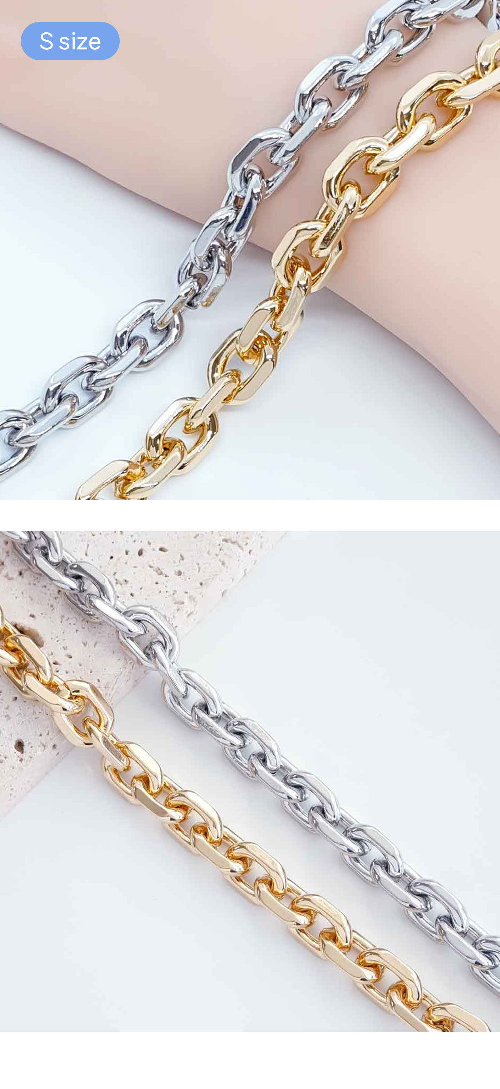 알루미늄체인 링크사슬체인 가방체인줄 S size 이미지입니다. 첫번째 이미지는 S size 체인 두가지 색상을 손목에 널어트려져 있는 이미지입니다. 두번째 이미지는 테라조판에 S size 실버, 골드 두가지 색상이 걸쳐져 있습니다. S size의 체인만 집중으로 볼 수 있습니다.