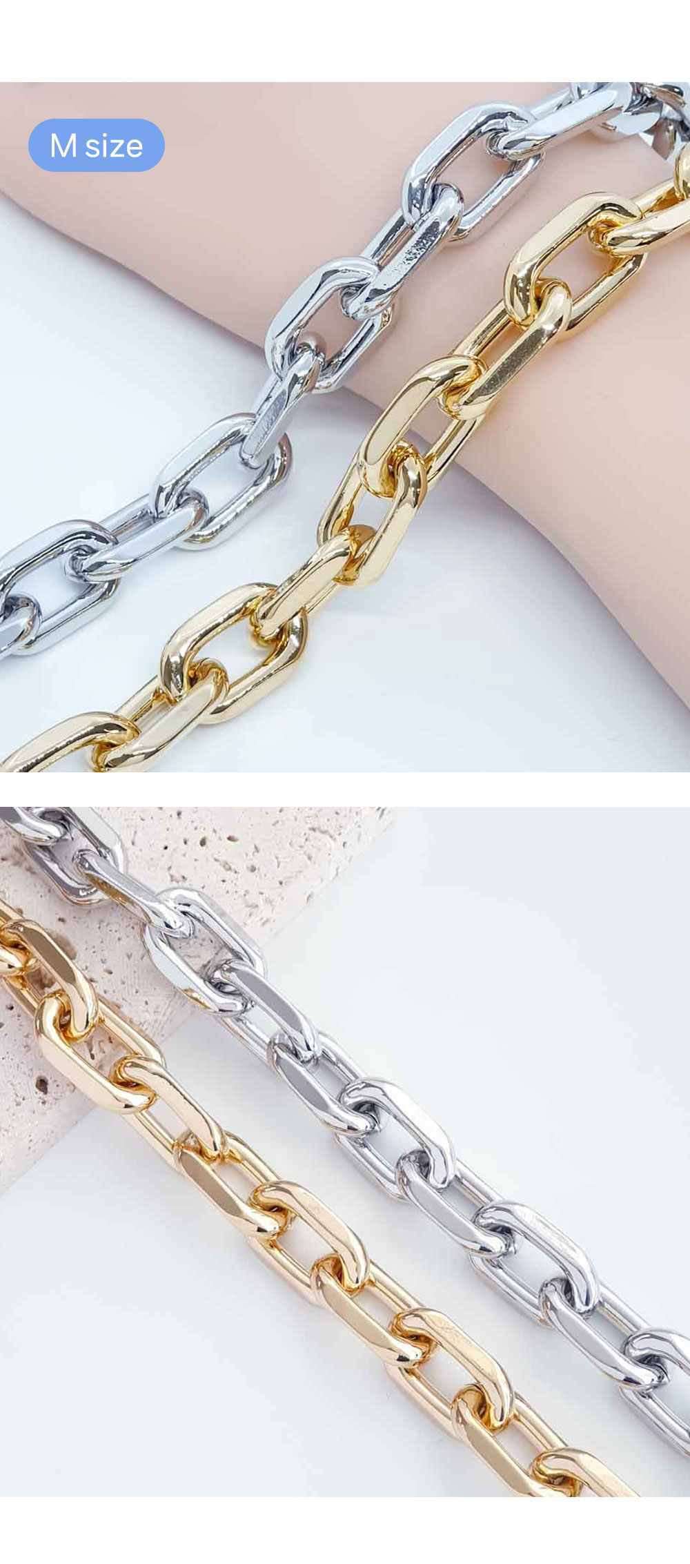 알루미늄체인 링크사슬체인 가방체인줄 M size 이미지입니다. 첫번째 이미지는 M size 체인 두가지 색상을 손목에 널어트려져 있는 이미지입니다. 두번째 이미지는 테라조판에 SM size 실버, 골드 두가지 색상이 걸쳐져 있습니다. M size의 체인만 집중으로 볼 수 있습니다.
