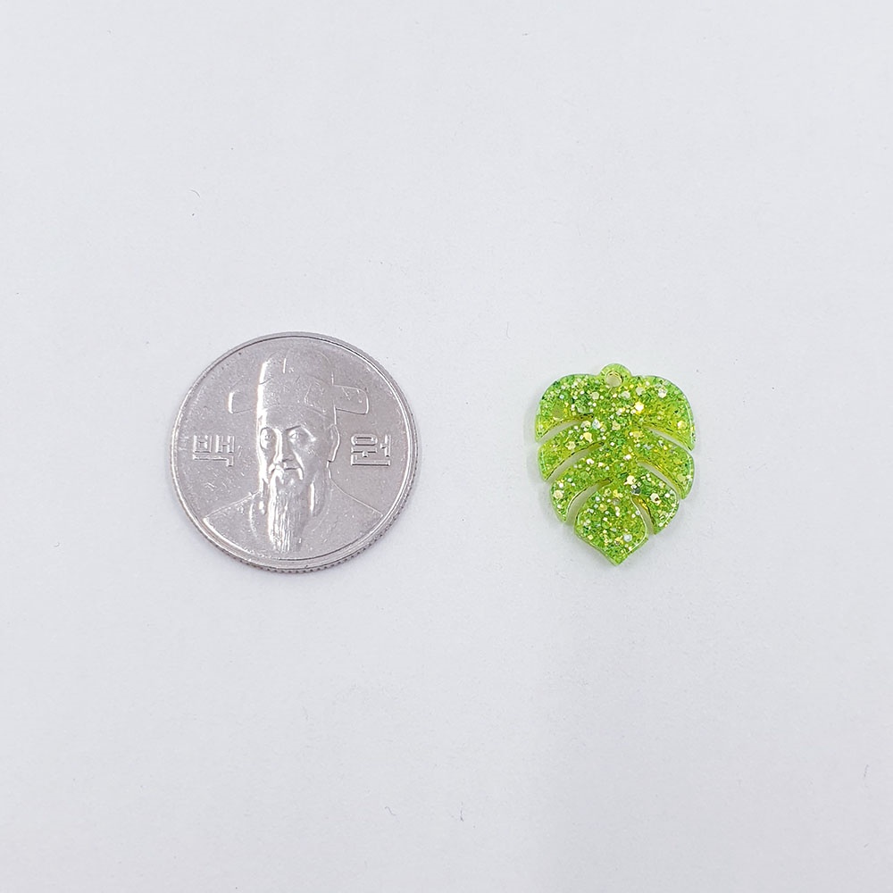 나뭇잎 펄 투명 몬스테라 아크릴키링 악세사리 부자재를 동전크기와 비교하였습니다. 