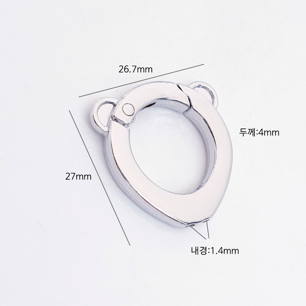 이 제품은 가로 26.7mm, 길이 27mm, 두께 4mm, 내경 1.4mm 크기입니다.